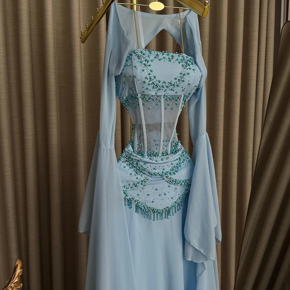 فساتين سهرة مخصصة على شكل حرف a بطول الأرض بدون حمالات بدون أكمام فستان حفلات موضة مطرزة بالخرز فستان حفلات ثنيات