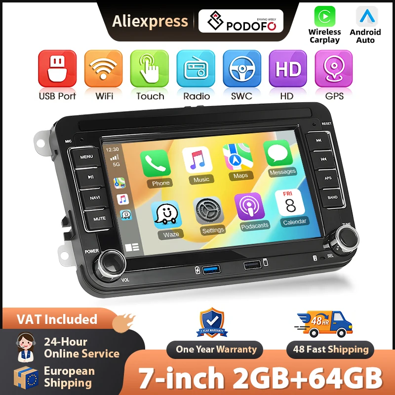 Podofo 2+64G Radio Wireless CarPlay für Apple für Seat/VW Android Auto Autoradio GPS FM/RDS Stereo WiFi BT Multimedia Stereo