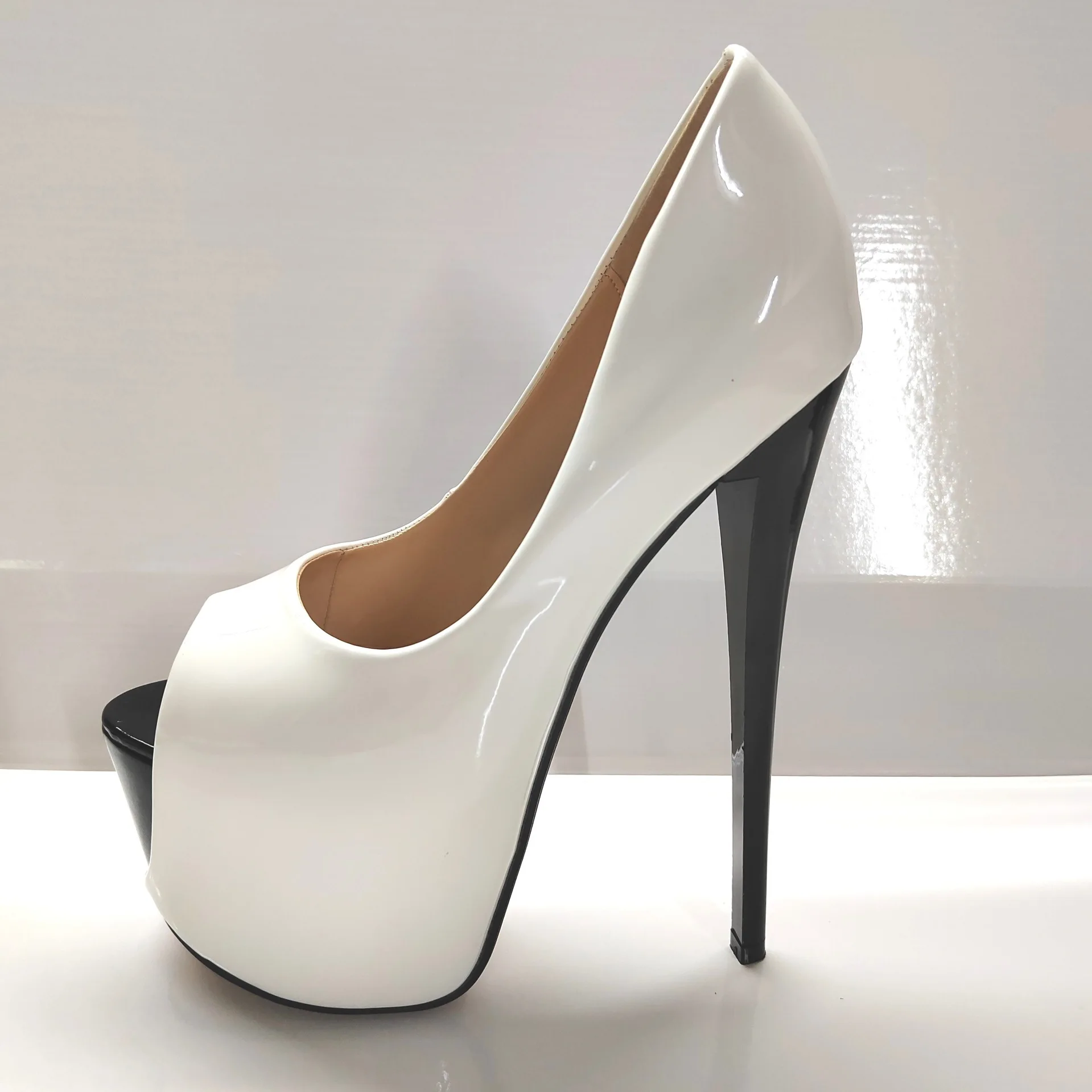 

19Cm Heels Peep Toe Sandals Women Platform Thin High Heeled White Patent Leather Pumps Big Size Sexy Nightclub Cosplay Shoes