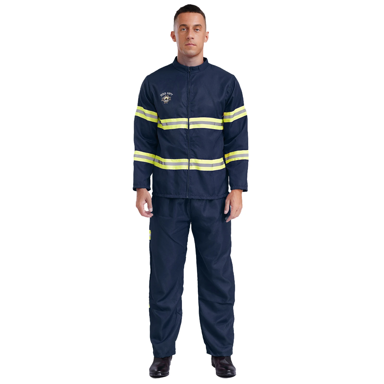 Mens Long Sleeve Fireman Jacket Coat Pants And Belt Firefighter Firefighting Heroes Halloween Cosplay Costume Plastic Helmet