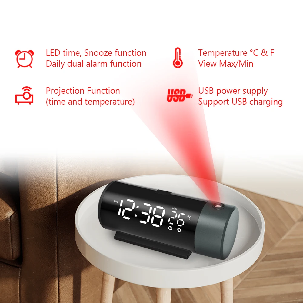 12/24H Multifunctional Projector Dual Alarm Clock LED Display with 180° Rotatable Projector 4-Level Brightness Dimmer for Room