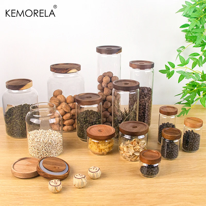 Kitchen Glass Storage Jar Glass Container Wooden Lid Sealed Candy Food Jar Container Bottle Coffee Bean Pasta Grain Oatmeal Jar