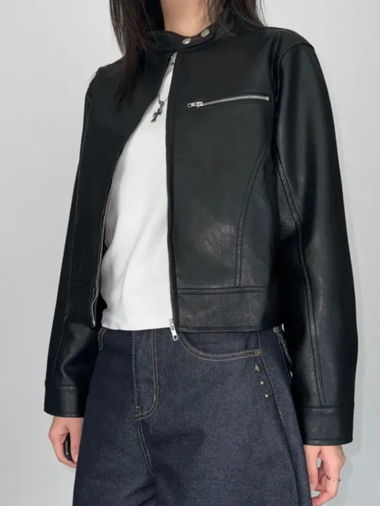 معطف Sli Retro Biker Leather Jaet Long Sve f بياقة عالية وسحاب متعدد الاستخدامات وياقة واقفة للدراجات النارية للنساء #3