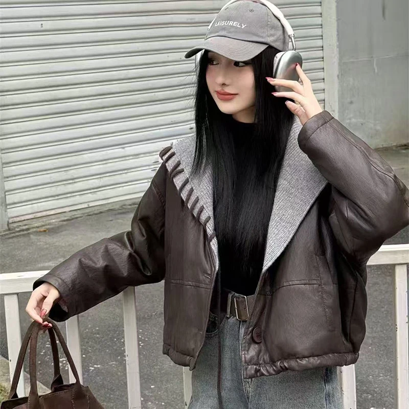 

2025 New Korean Contrast Color Knitted Stitching Jacket Spring Autumn Women Outwear Fashion Loose Short Chic Casual Leather coat