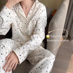 Star Print Sleepwear Women Pajama Sets Button Pants Sets for Women 2 Pieces Korean Night Wear Autumn Turn Down Collar Home Suit