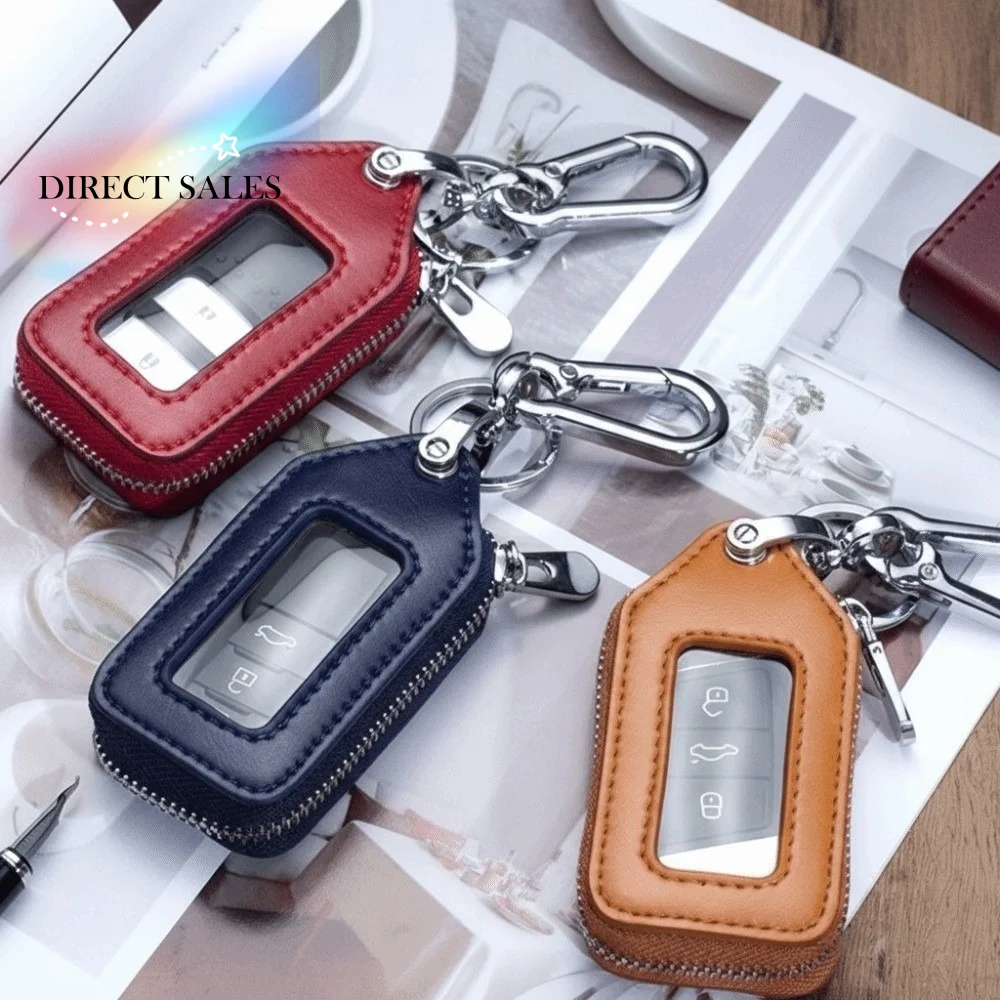 

Durable Key Protection Case Zipper Purse PU Leather Car Key Holder Transparent Window Square Design Key Bag Case Waist Hanging