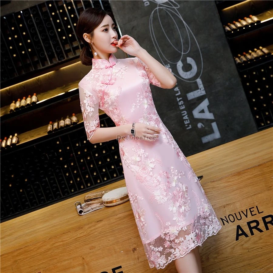 2024 chinese style cheongsam spring new slimming daily fashion retro stand collar cheongsam women's mid-length lace qipao w313