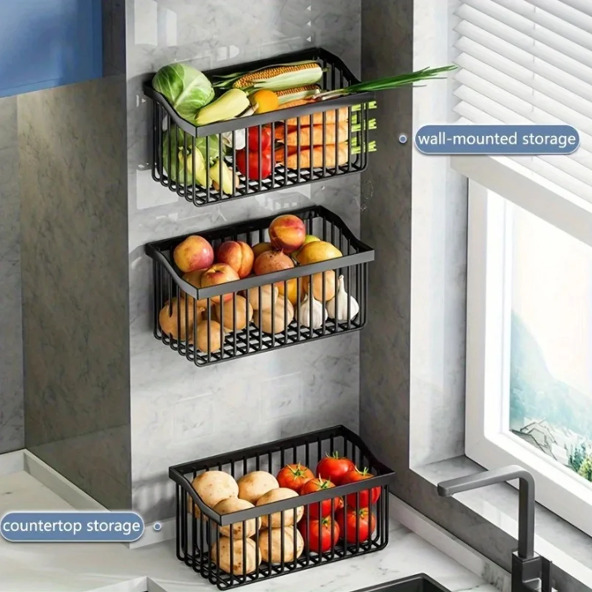 1pc Wall Mounted Storage Basket Kitchen Storage Cabinet  Fruit Basket Space Saving Pantry Organization Kitchen Accessory