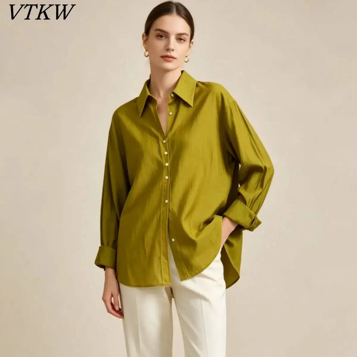 

VTKW 2026 Spring Summer Women Button Down Shirt Long Sleeve Oversized Turn Down Collar Elegant Casual Daily Blouse