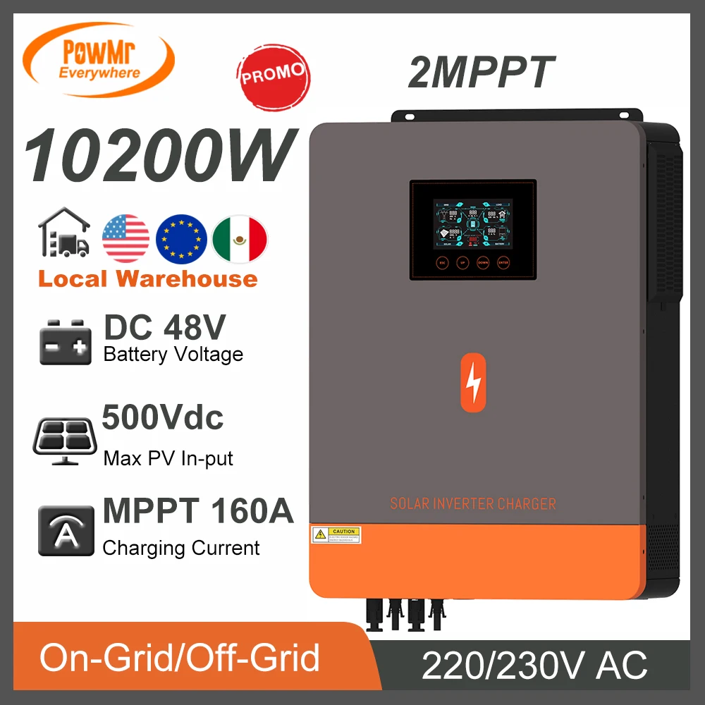 EU US MX Stock 10.2KW 2MPPT 48V DC To 230V AC Solar Power Inverter On/Off-Grid Built-In 160A MPPT Solar Charger Support Lifepo4