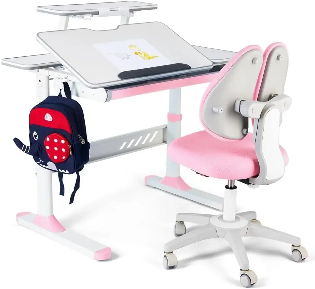 Premium Kids Study Desk and Chair Set,Adjustable Girls School Writing Study Table,Ergonomic Desk Chair