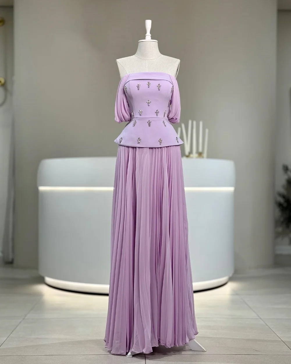 

Customized Modern Style Elegant Chiffon Rhinestone Pleat Straight Off-the-shoulder Long Dresses Bespoke Occasion Dresses Formal
