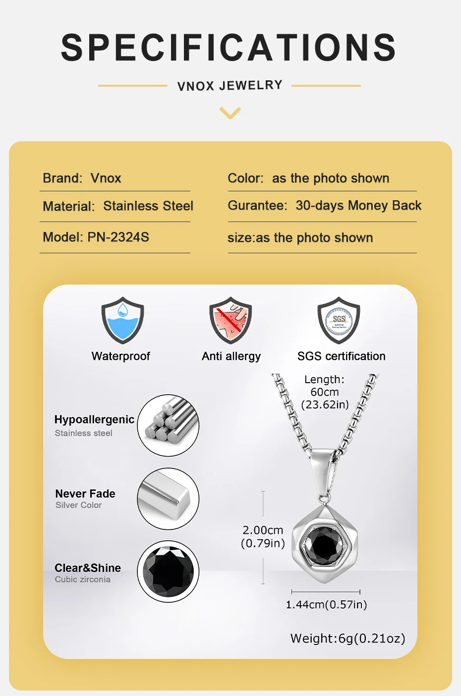 Vnox Herren-Schmuckset aus Edelstahl, Hexagon-Halskette mit schwarzem Zirkon und Armband mit Panzerkette, Punk-Hip-Hop-Männer-Accessoire, Geschenk – Detail 10