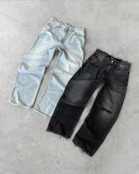 Pantalones vaqueros negros Retro bordados, Jeans holgados rectos, Harajuku, Hip Hop, moda gótica, rasgados, pantalones vaqueros grandes de cintura alta, Y2k