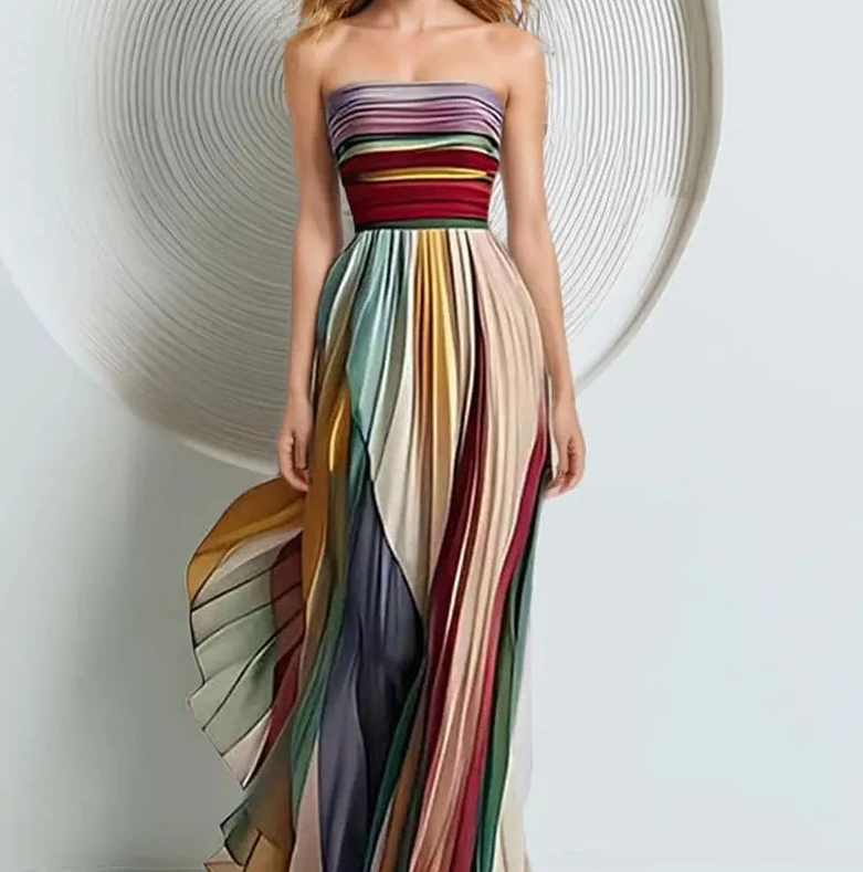 

New Fashion Print Colorful Dress for Women Streetwear Trend Sexy Elegant Sleeveless Strapless Long Evening Dress Female Clothing