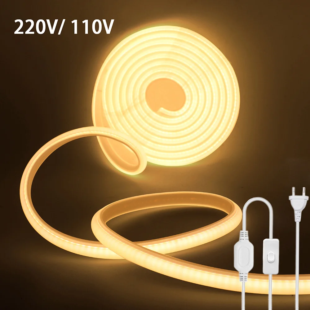 220V 110V Neon Led COB Strip przełącznik światła elastyczna lampa rura silikonowa o wysokiej gęstości 288LED oświetlenie liniowe wodoodporna wstęga