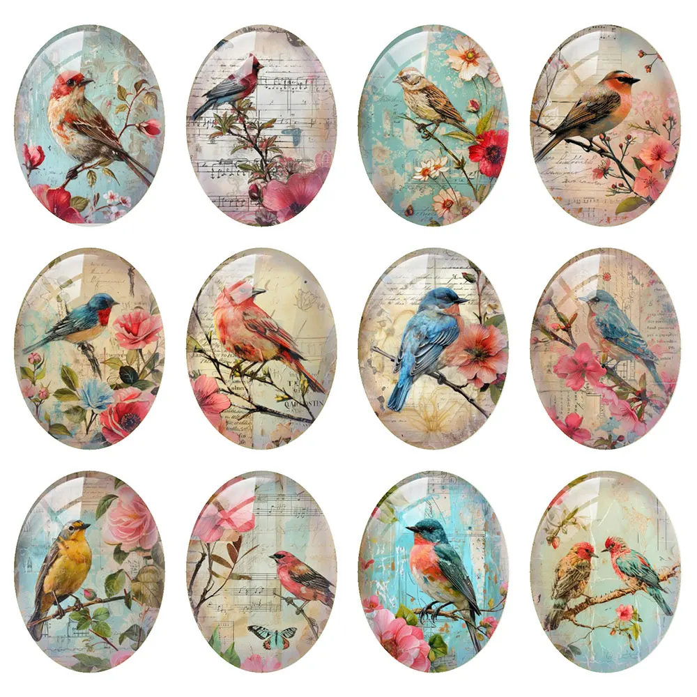 Random Mixed Round/Oval/Square Vintage Bird Flower Branch Photo Glass Cabochon Flatback Demo Cameo For Diy Jewelry Making view 3