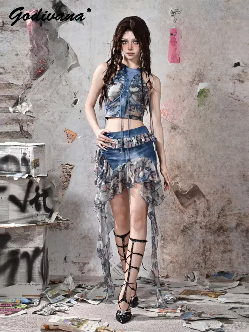 جديد الصيف Y2k الضالة الرياح فراشة طباعة ملطخ بولي Leather الجلود الربط حمالة حبال علوية الرسن تنورة غير النظامية 3 قطعة مجموعة #4