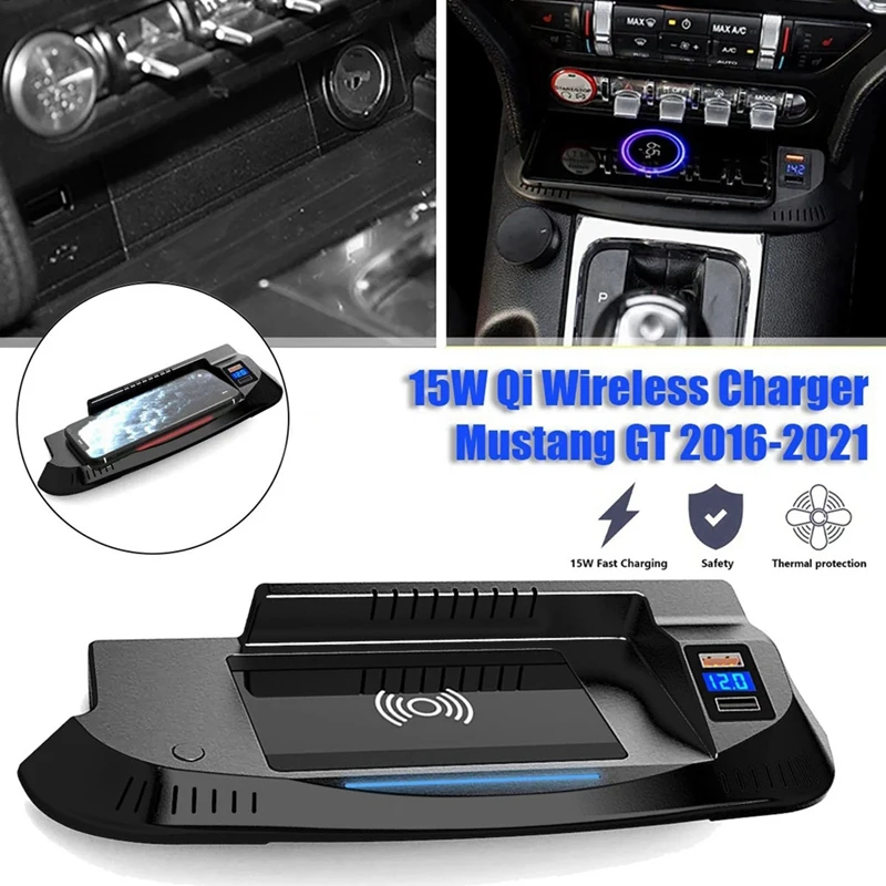 Car 15W QI Wireless Phone Charging Pad Panel Mobile Phone Fast Wireless Charger Parts Component For Ford Mustang GT 2015-2021