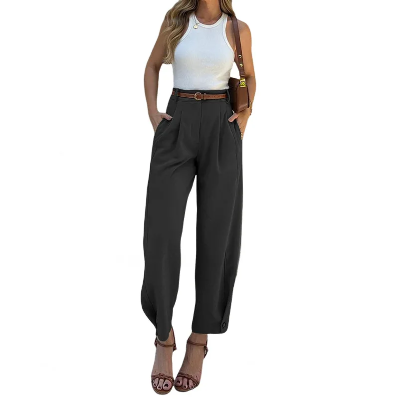 Women Pants Pockets Casual Nine-point Suit Pants Temperament High Waist Cargo Pants Zipper Fly Female Ankle Trousers Pantalones