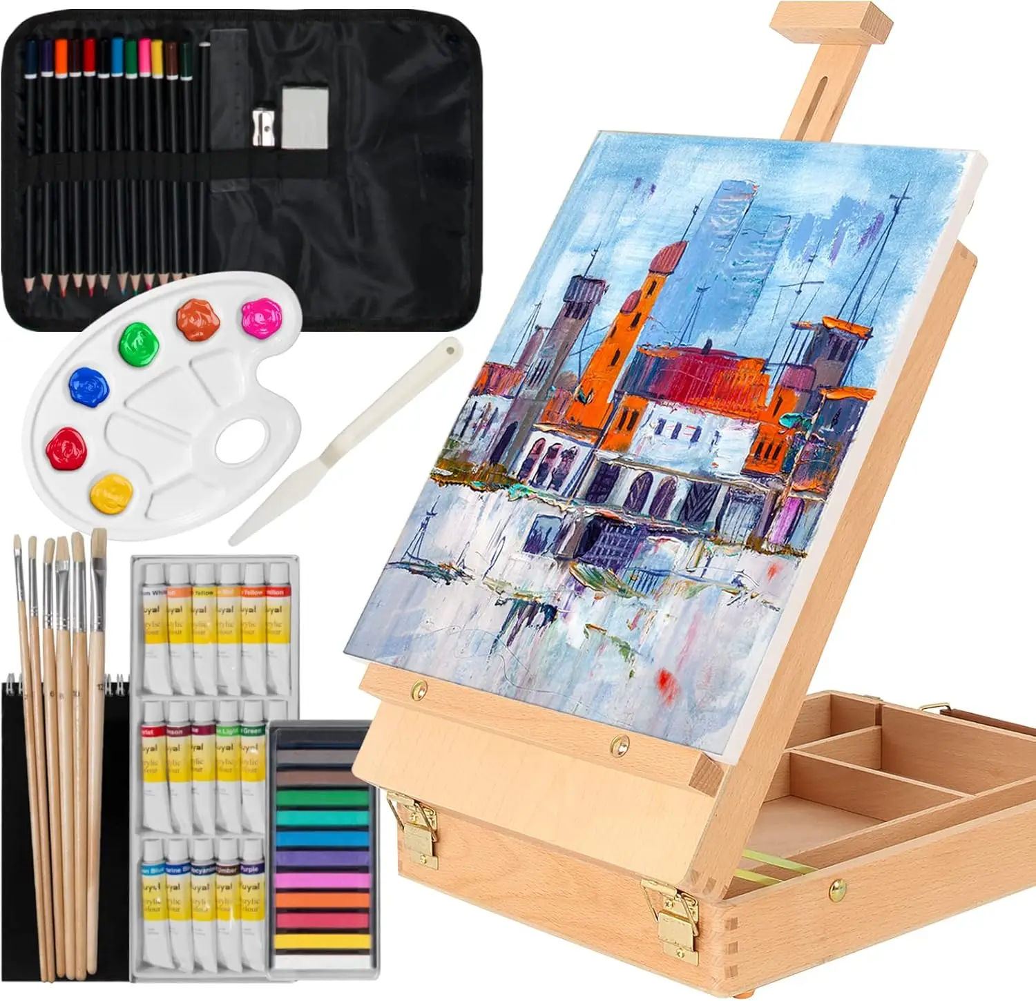 

45-Piece Wooden Paint Set with Easel, Acrylic Oil Paints, Color Pencils for Teens and Adults Art Supplies