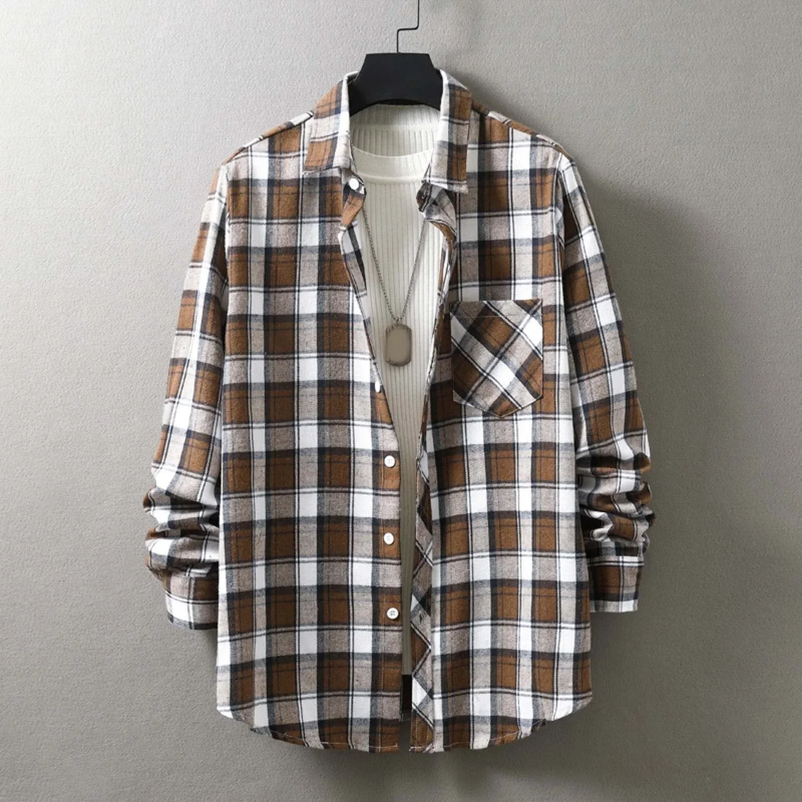 Men S Spring And Autumn Harajuku Shirt Fashion Casual Plaid Printed Check Pocket Button Long Sleeve Shirt New Korean Shirts