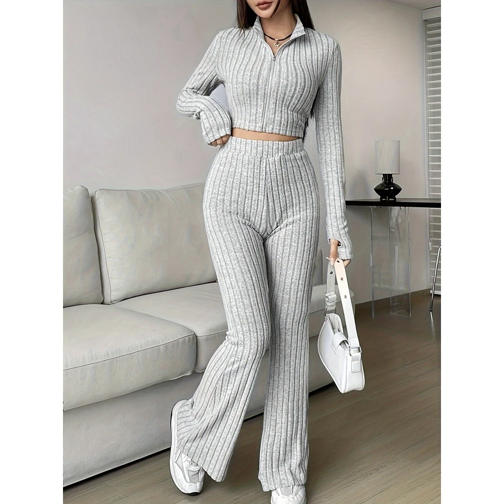 Women's Long Sleeve Zipper Fly Mock Neck Top and Flared Pants Set Office Lady Casual Fashion Workwear Skinny Outfits