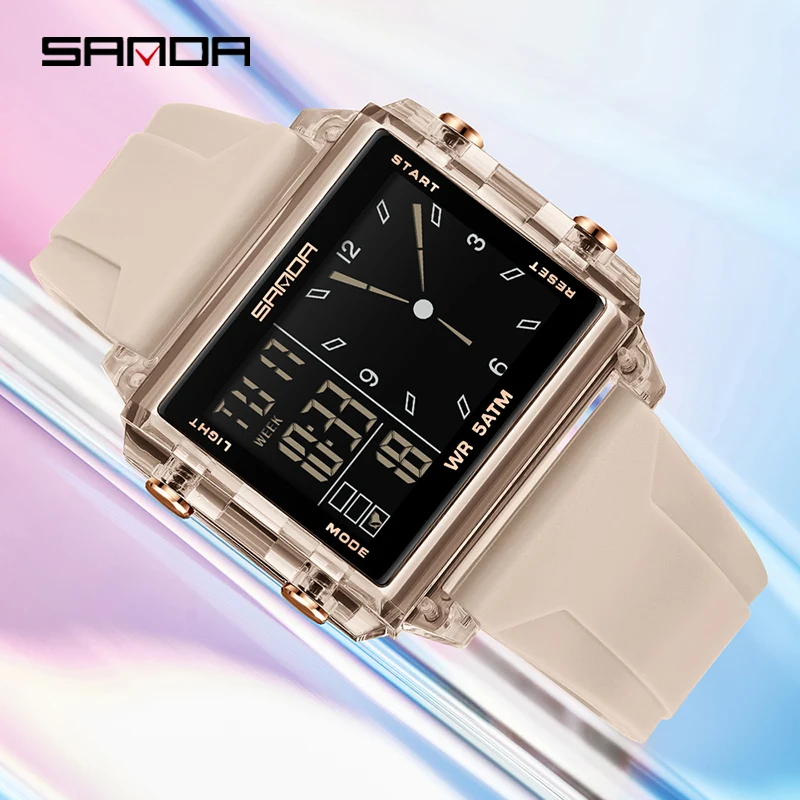 SANDA 6273 Electronic Watches for Man Square Transparent Case Alarm Clock Multifunction Waterproof Sports Students Digital Watch
