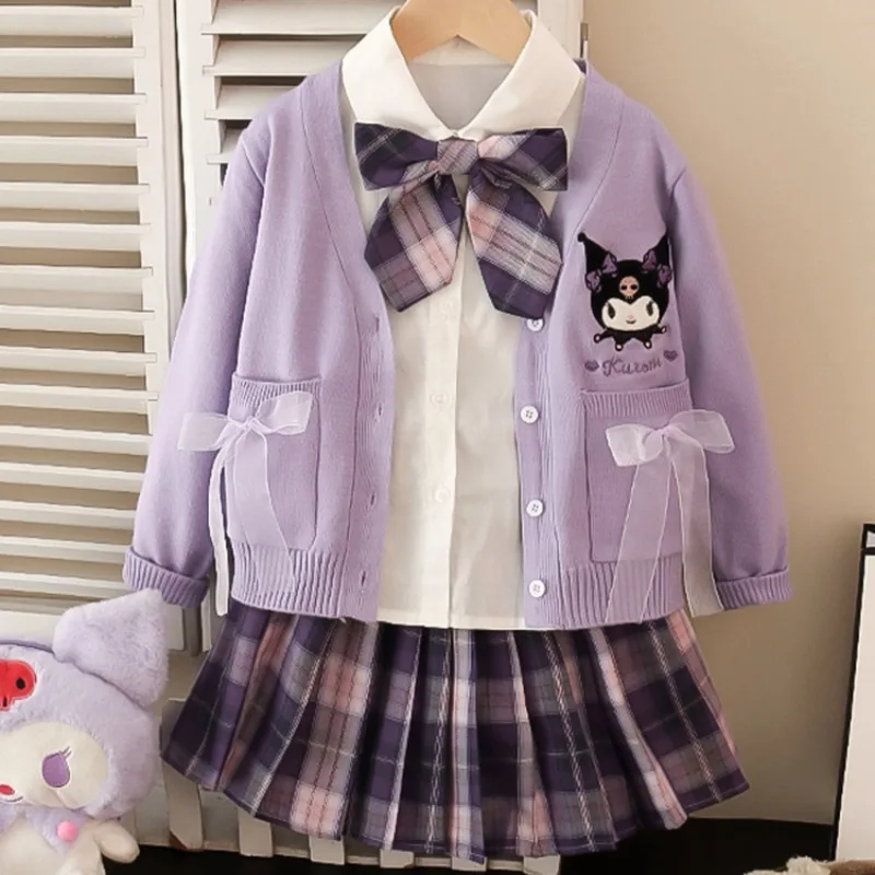 Kawaii 2024 News Kuromi Kids Sweater Cardigan 3 Piece Set Sanrio Anime JK Clothes Shirt Long-sleeves Warm Top with Pleated Skirt