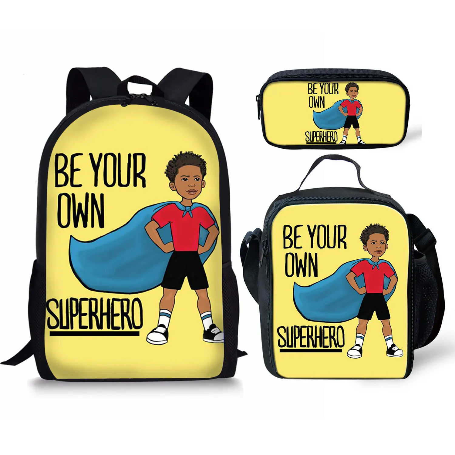 

Trendy Youthful black African boy 3D Print 3pcs/Set Student Travel bags Laptop Daypack Backpack Lunch Bag Pencil Case