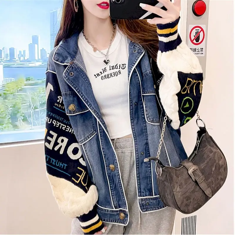 Fashion Denim Jacket Women Heavy Industry Brushed Denim Splice Knitted Cardigan Coats Autumn Winter Trendy Thicken Warm Jackets