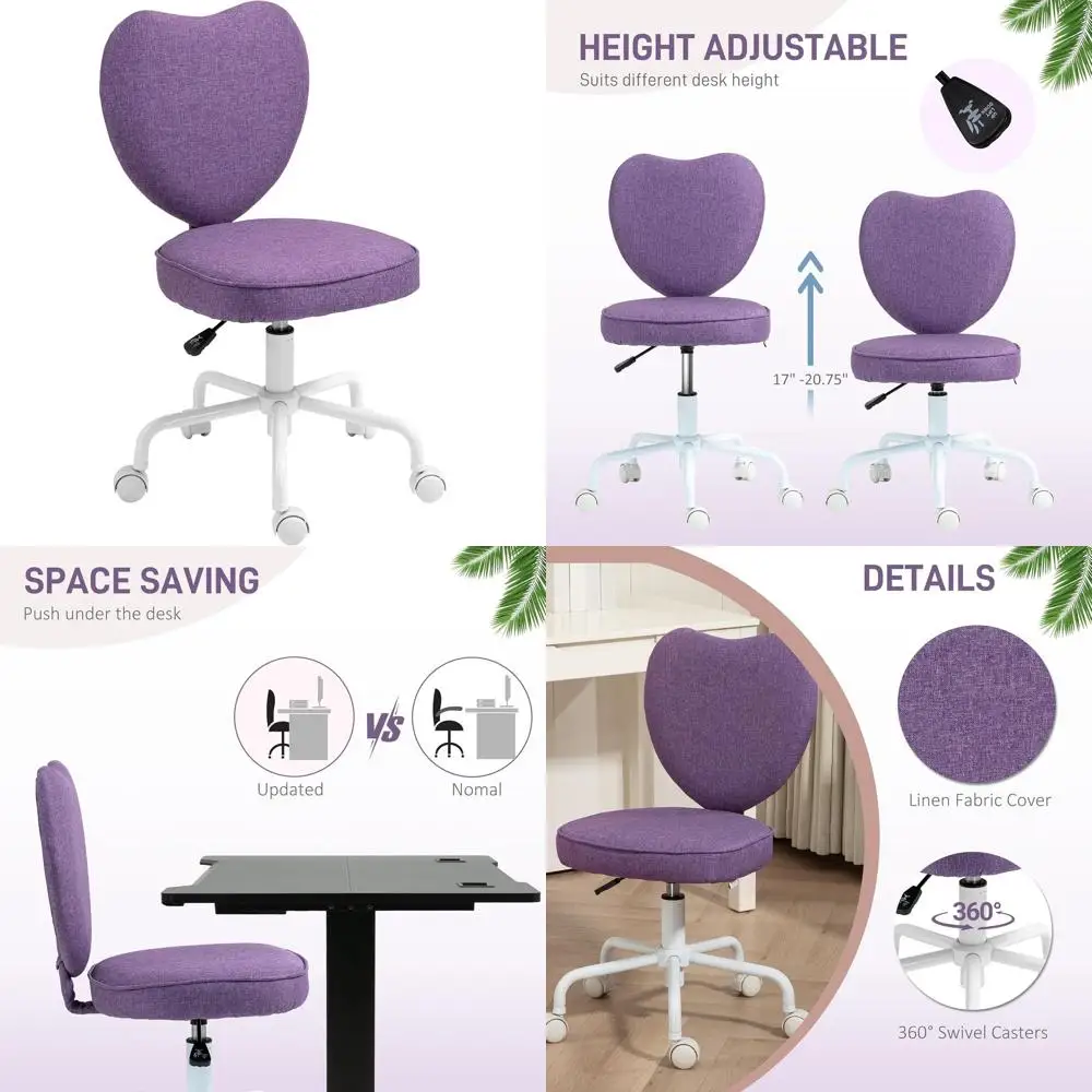 

Purple Modern Fabric Swivel Vanity Chair with Heart Shape and Adjustable Height for Makeup and Home Office Use