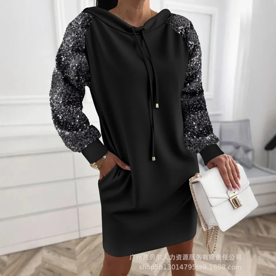 

2025 New Sparkly Spliced Black Hoodie Dress Women Long Sleeve Loose Casual Versatile Stylish Elegant Design