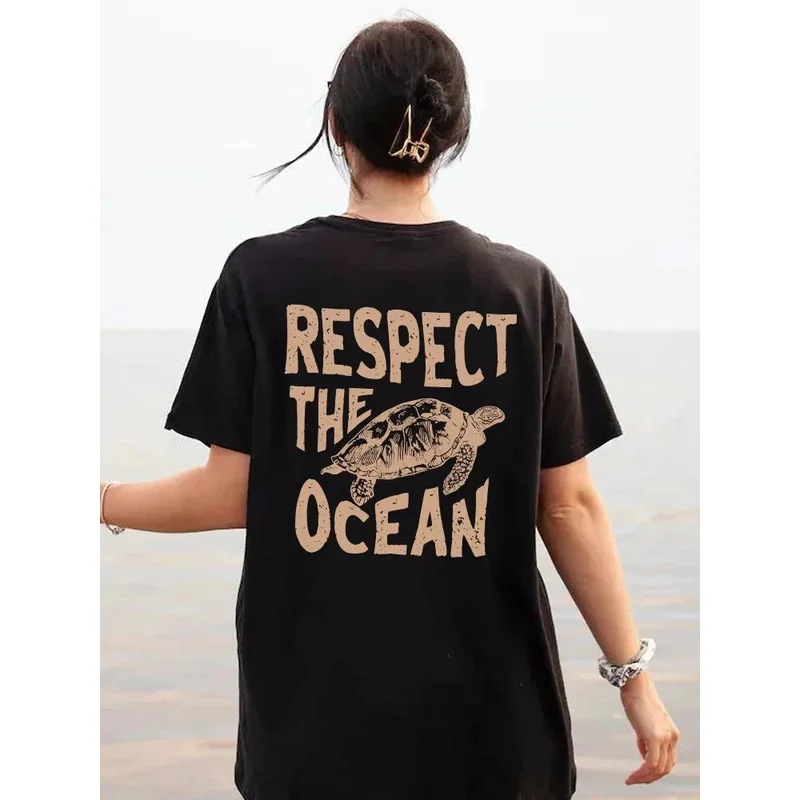 Respect The Ocean Green Turtle T-Shirts Women Casual Fashion Tshirt Breathable Short Sleeve O-Neck Street Clothing