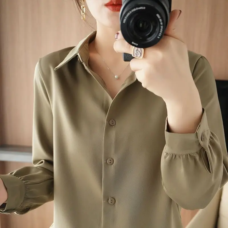 Office Lady Solid Color Long Sleeve Blouses Spring Autumn Turn-down Collar Patchwork Button High Gloss Satin Shirt for Women