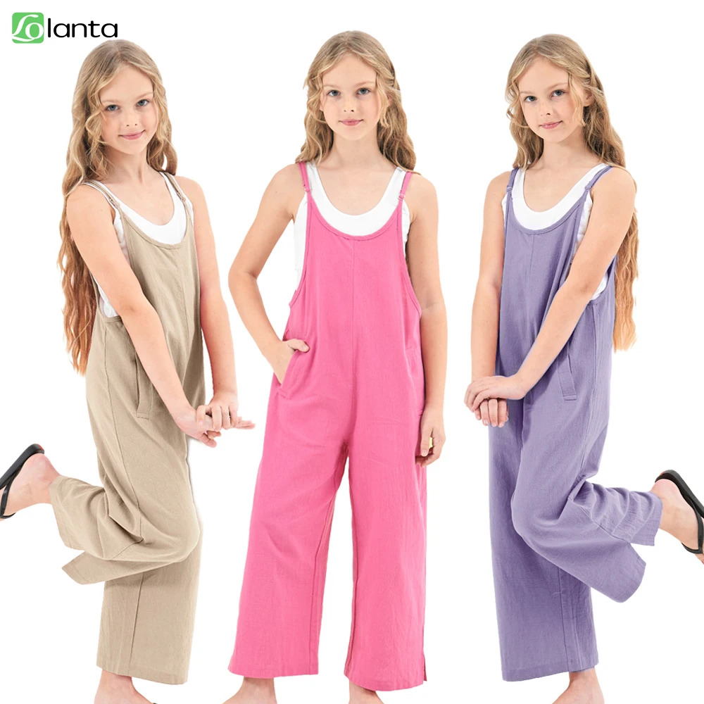 LOlanta Girls Jumpsuit Sleeveless Romper Wide Leg Pants Overalls for Kids Loose Jumpers with Pockets 5-14 Years