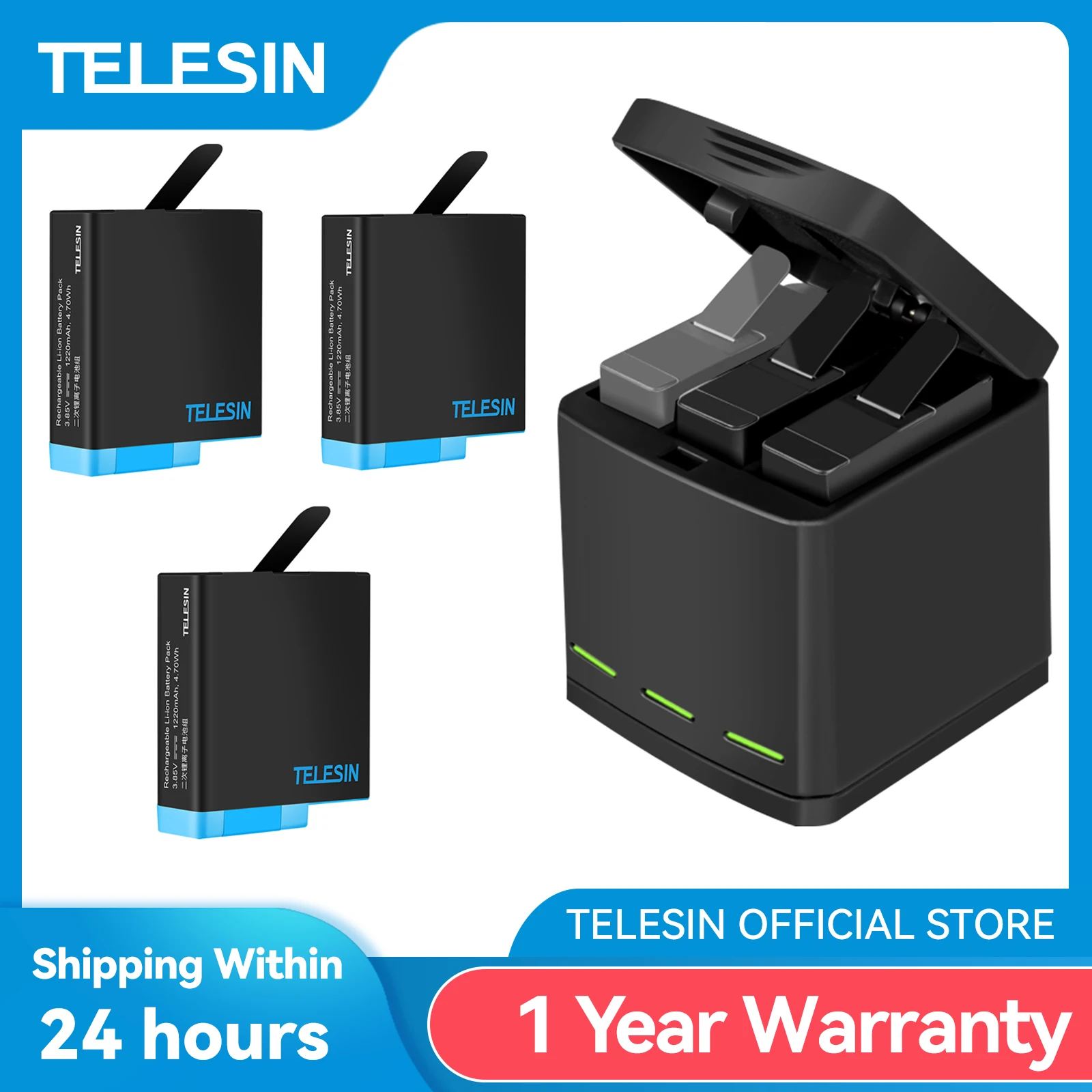 TELESIN 1220mAh 3Pack Battery 3 Slots LED Light Battery Charger Storage Box Type C Cable for GoPro Hero 5 6 7 8 Black Camera