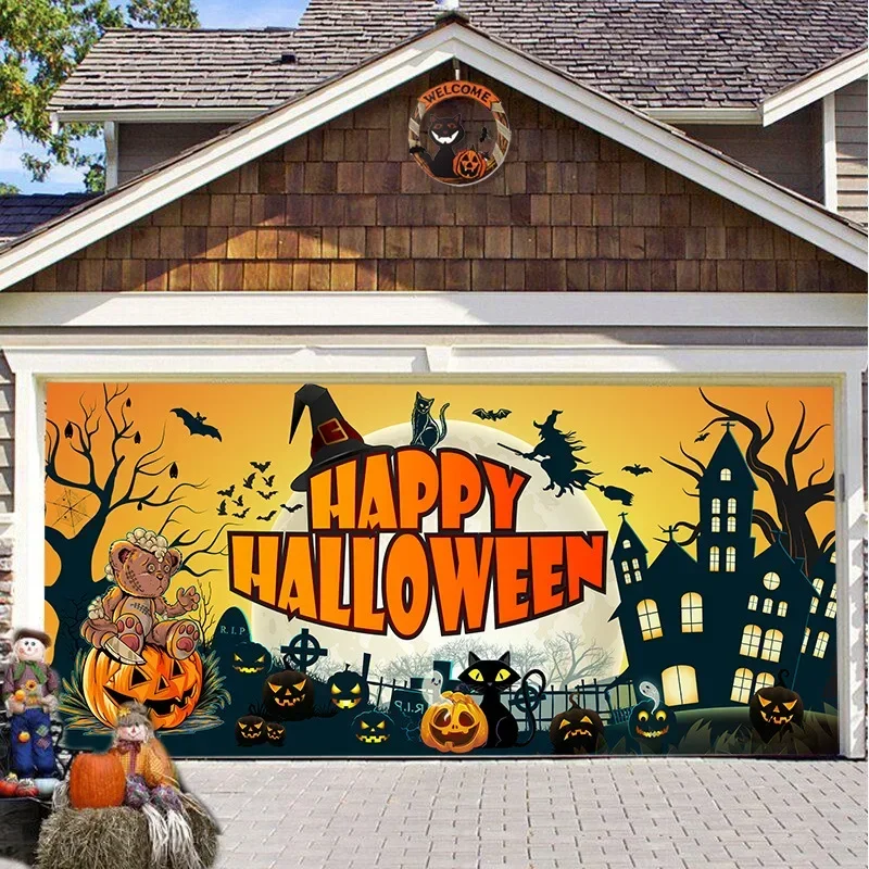 VIKAMA Halloween Garage Door Banner Ghost - ديكور خارجي كبير خلفية مثالية للحفلات والاحتفالات والعطلات