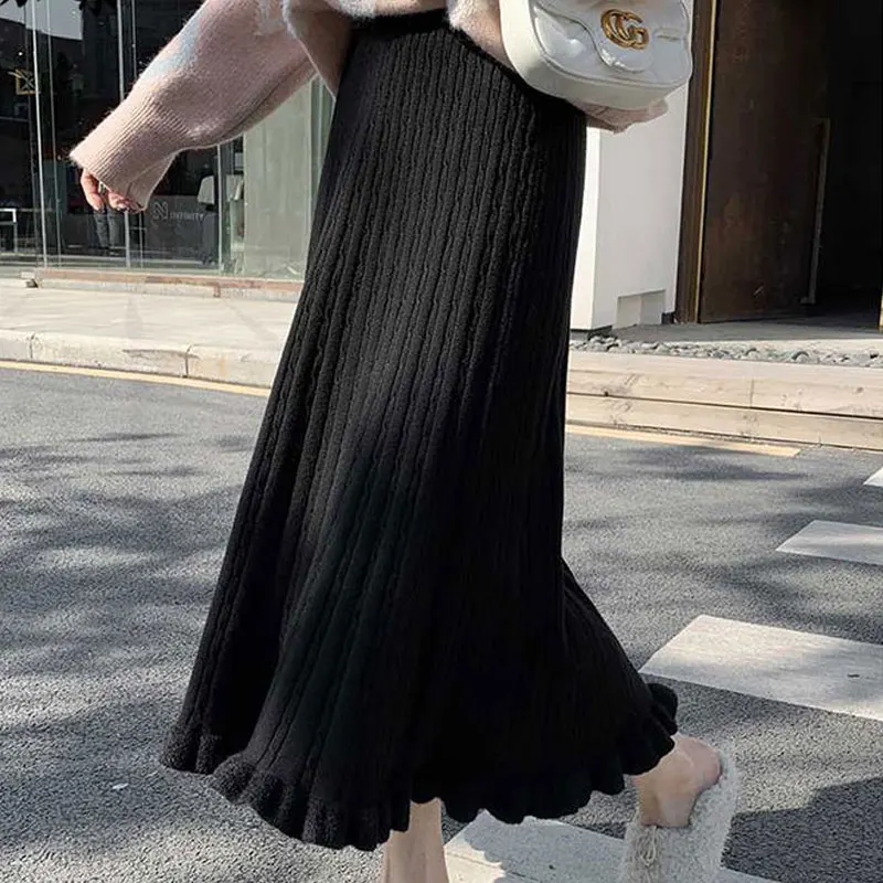 Korean Solid Color Knitted Skirt Women's Clothing Fashion Folds Autumn Winter New Casual Screw Thread A-Line Elastic Long Skirts