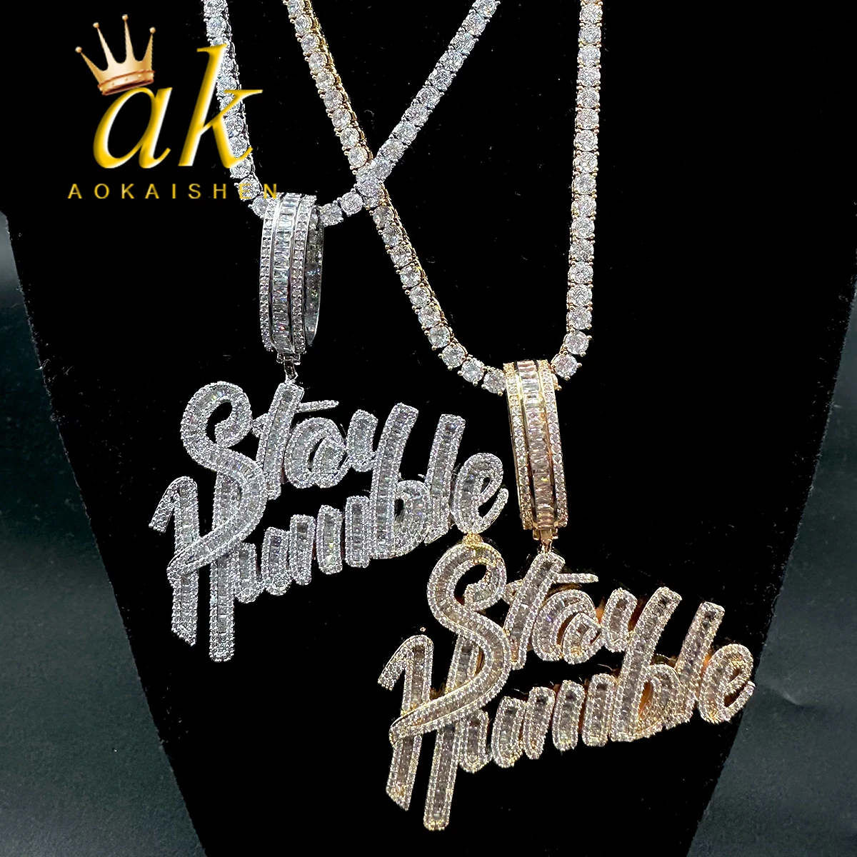 

Aokaishen Stay Humble Necklace for Men Iced Out Pendant Real Gold Plated Cubic Zirconia Hip Hop Jewelry