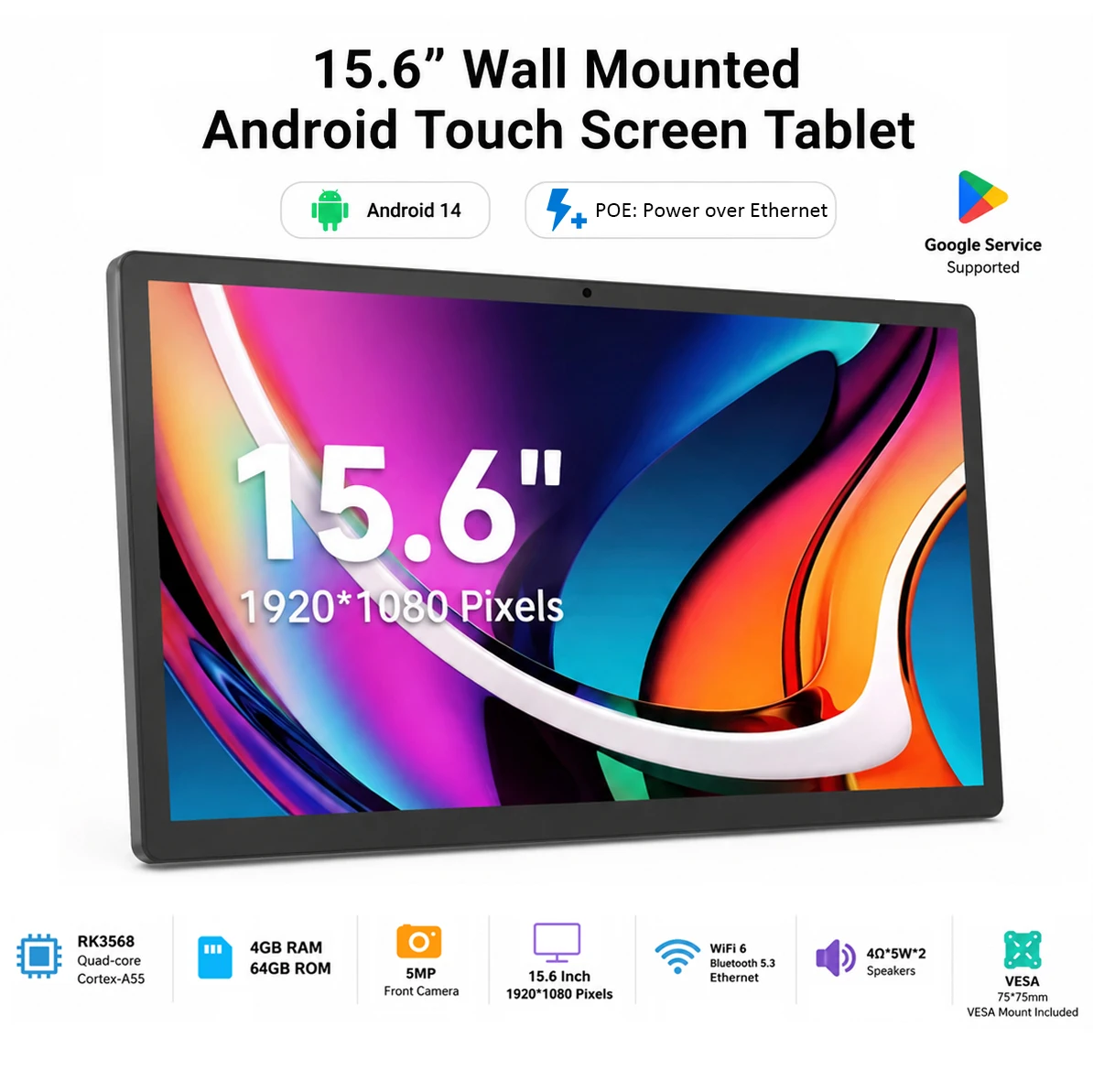 New Android 14 with POE 15.6 inch Wall Mounted Touch Screen 1920*1080 IPS HDMI Input Display 8MP Camera Digital Signage