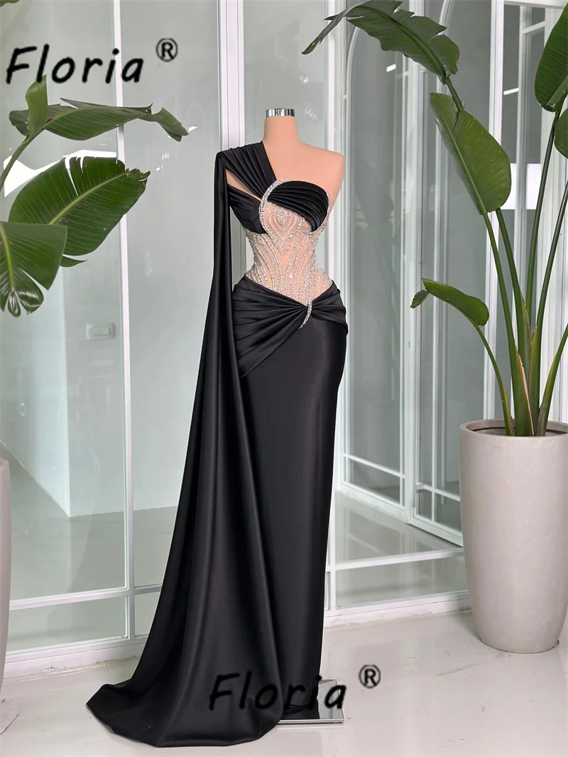 

Dubai Woman Black Beaded Evening Dress Single Long Shawl Crystal See Through Waist Formal Occasion Gowns Prom Party Dresses 2024