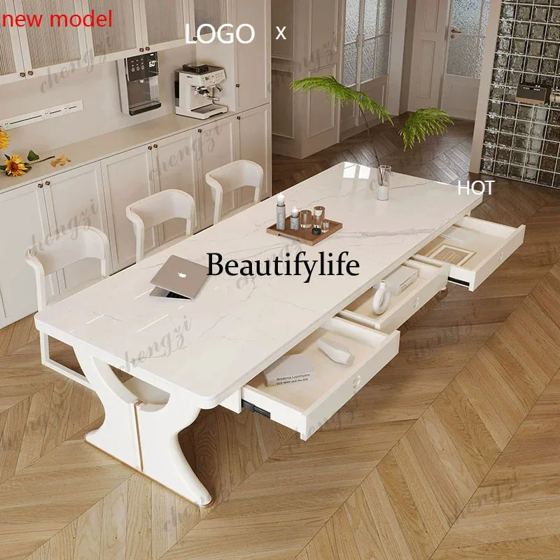H132 Solid wood rock slab desk cream wind living room with drawer worktable household calligraphy meal desk integrated