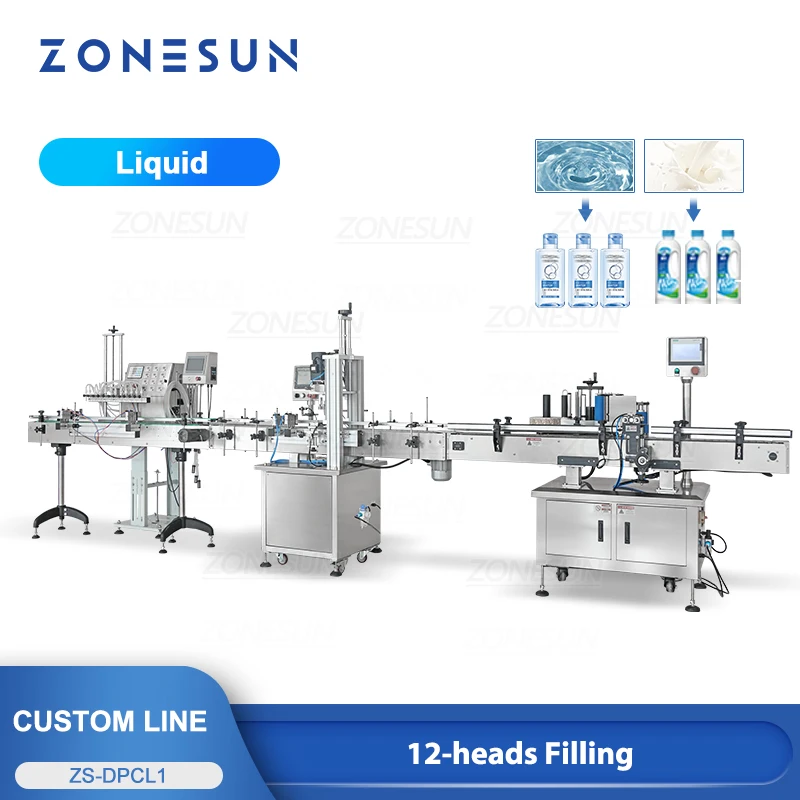 ZONESUN خط إنتاج مخصص معجون السائل التدفئة ملء الشد السد آلة وضع العلامات على الزجاجات المستديرة ZS-FAL180R9/ZS-DPCL1