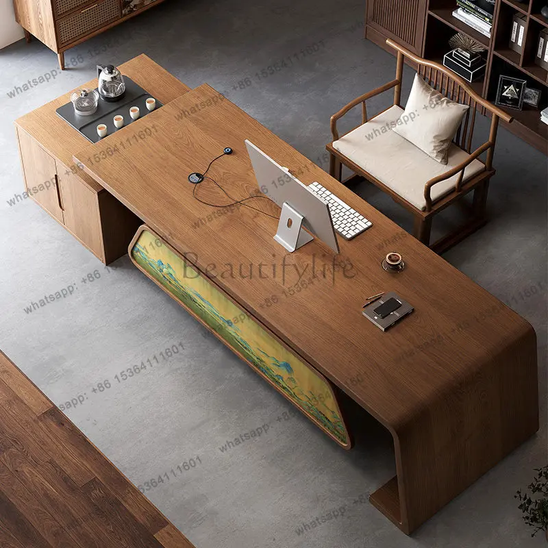 

Solid Wood Desk Reception With Tea Table Integrated Atmosphere High-end