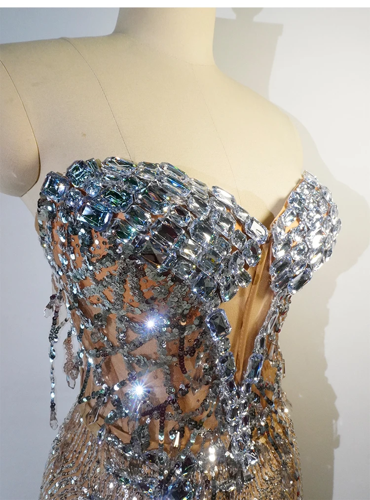 Vestidos de noche exclusivos con diamantes de imitación brillantes, lentejuelas y cuentas, trajes formales para actuación en escenario, trajes de bailarina y cantante