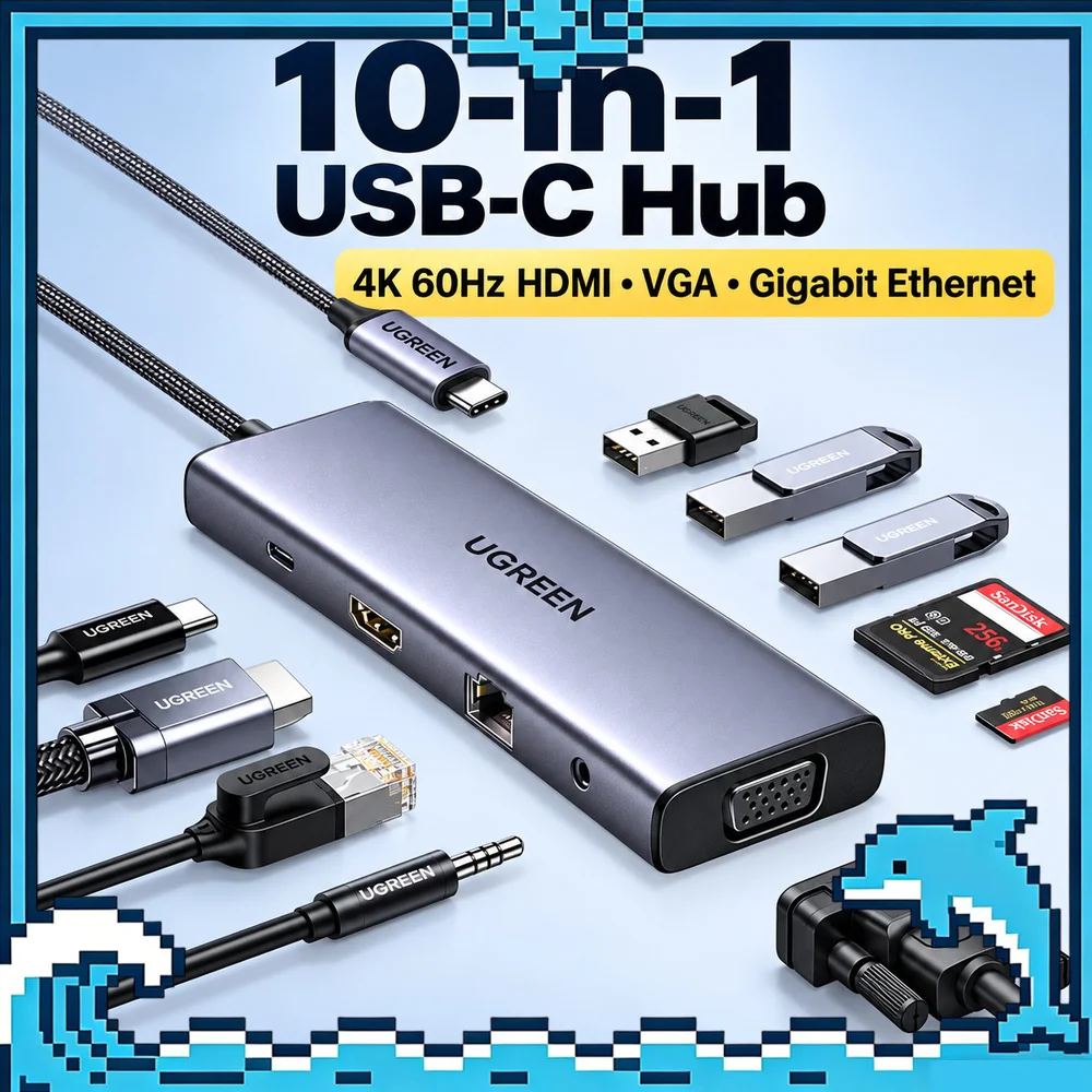 UGREEN CM498 25043 10-in-1 USB-C Hub, 4K 60Hz HDMI, VGA, Gigabit Ethernet, 3 USB 3.0, SD/TF, 100W PD, 3.5mm Audio