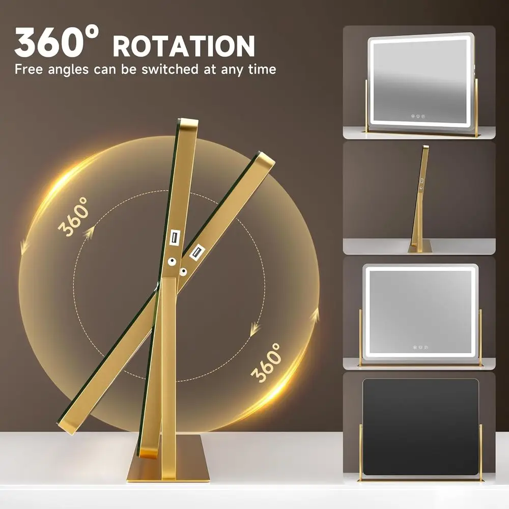 مرآة زينة LED مقاس 24 × 18 مع تكبير 5 مرات، وأضواء قابلة للتعتيم بثلاثة ألوان، وحامل هاتف ومنفذ شحن USB، 360 درجة ° قابل للدوران (ذهبي #5