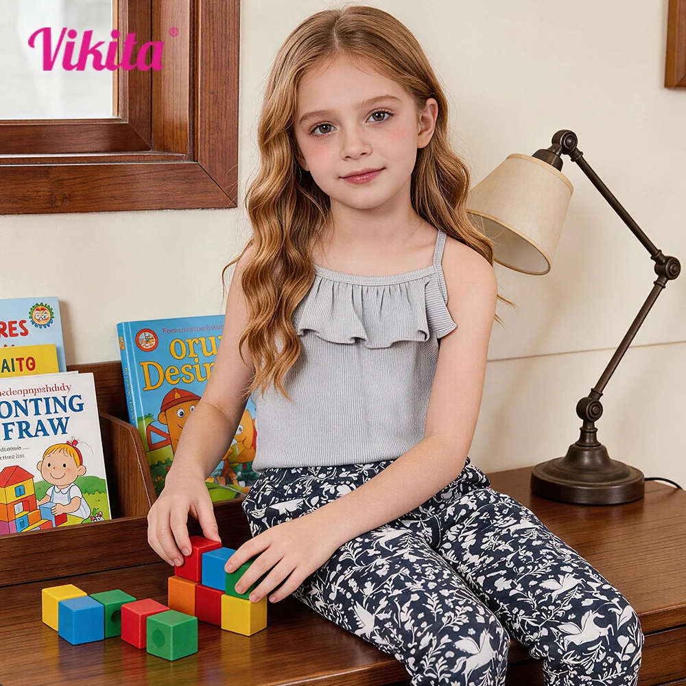 VIKITA Kids Cotton Casual Daily Leggings Kids Unicorn Floral Print Skinny Trousers Bottoms Pencil Pants Children Clothes