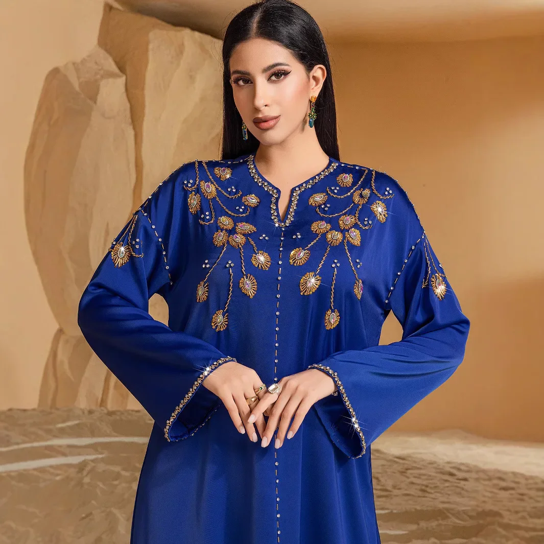 

Muslim Women Embroidery Dress Ramadan Eid Long Sleeve Robe Morocco Kaftan Turkey Dubai Abayas Party Dresses Jalabiya Gown New